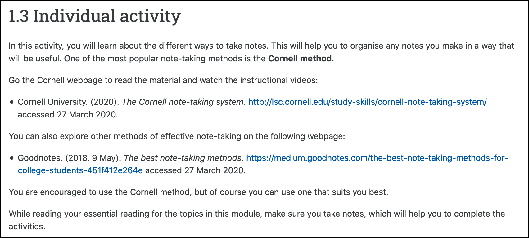 Image of instructions for a note taking activity