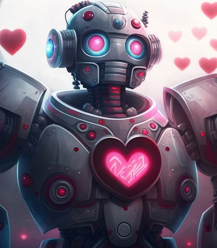 A robot surrounded by love hearts