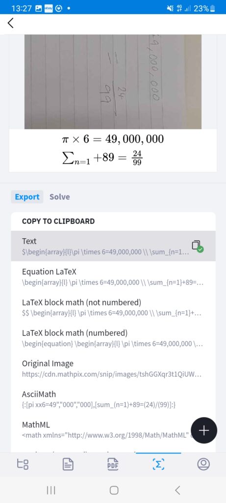 Mathpix interface on a smart phone app