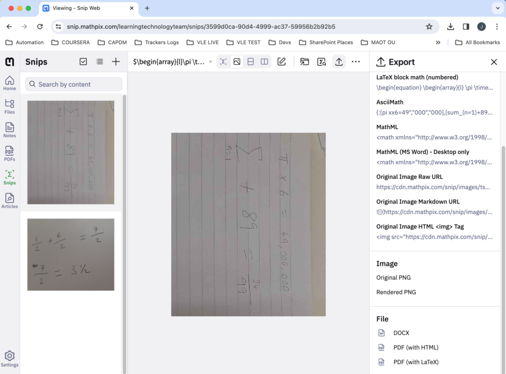 The Mathpix webiste interface showing a photo of hand written equation