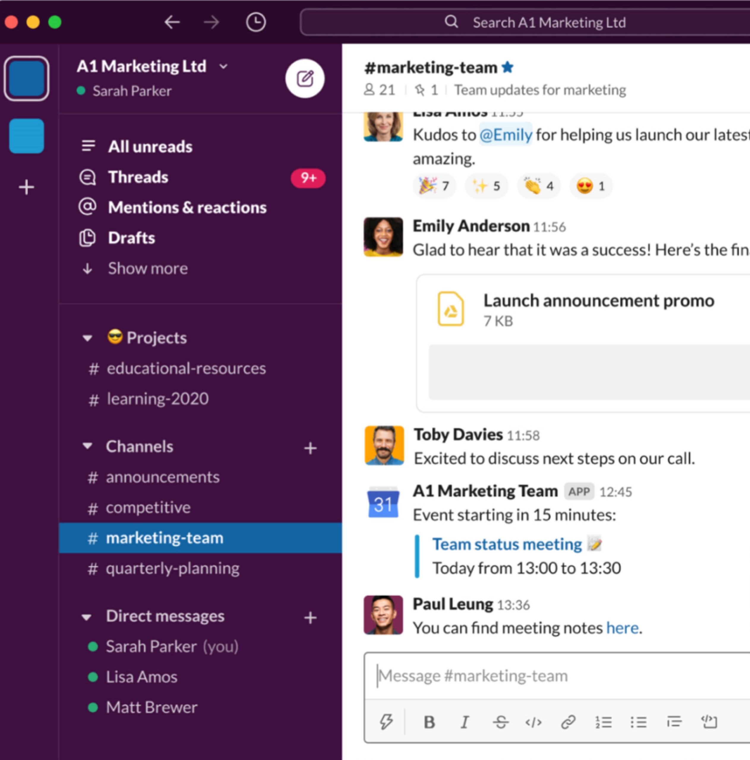Screen shot of the rich slack interface showing emojis, profile images and lots of interaction