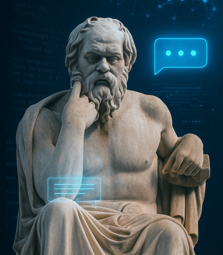 Ancient Statue of a man with digital speech ubbles