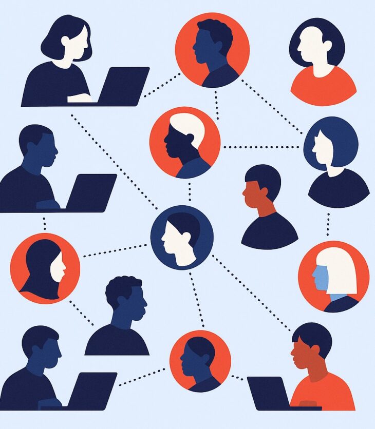 Illustrations of people connected by dotted lones