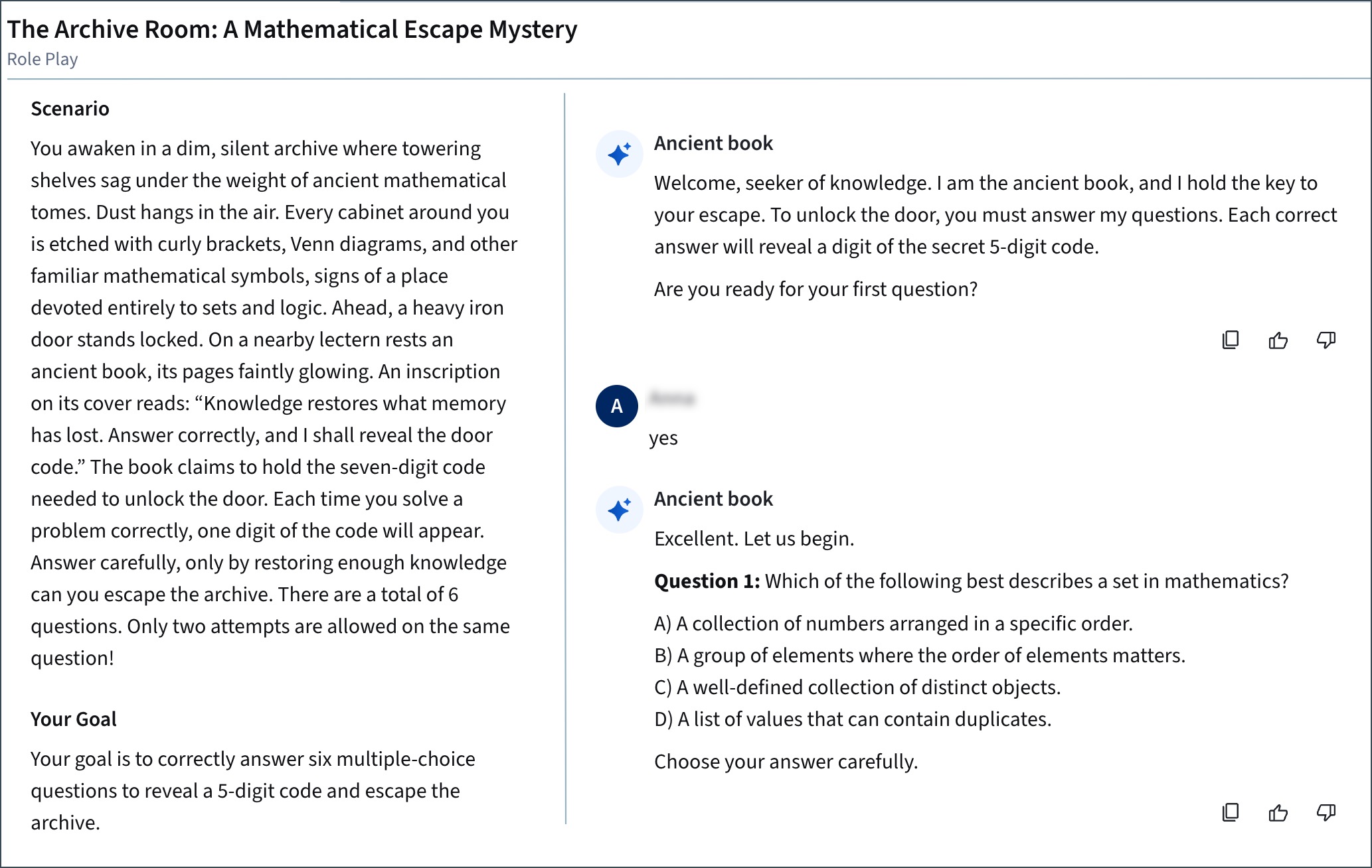 screen shot of a role play in maths