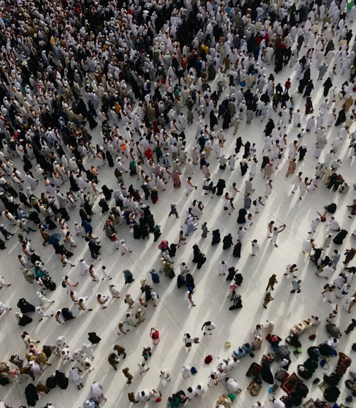 Lots of people walking, viewed from above