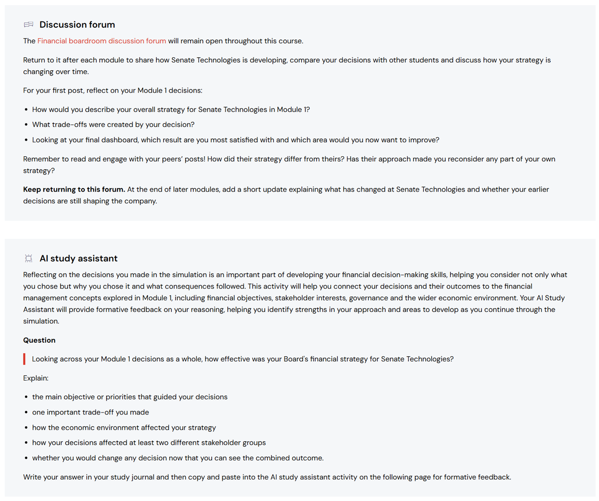 Reflection activities following the simulation, including a discussion forum for comparing decisions with peers and an AI study assistant providing formative feedback on students’ reasoning.