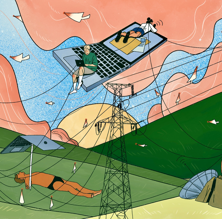 Through signals from communication towers, people exchange ideas via digital transmission across different locations, accomplishing their work and building a digital community.